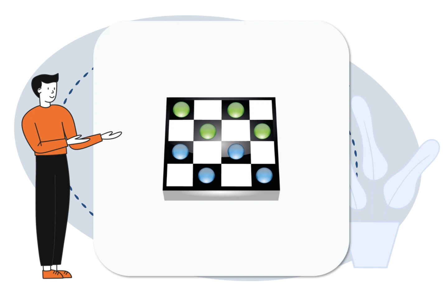 Ein Zeichentrickmann präsentiert ein Dame-Spielbrett.