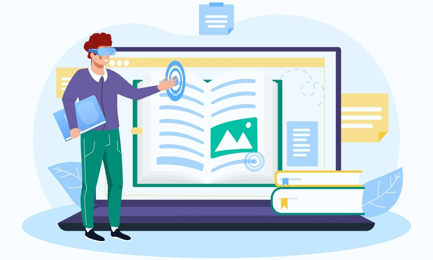 Junge arbeitet mit VR-Brille an digitalem Buch