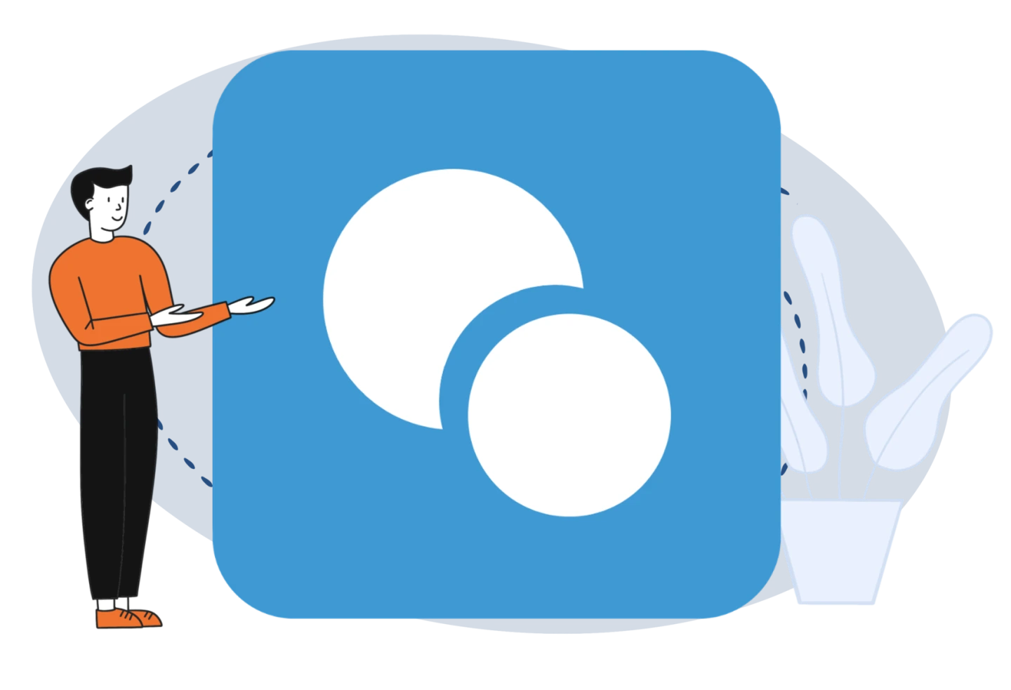 Ein Zeichentrickmann präsentiert das Logo für die Aktivität "Unterkurs": ein kleiner weißer Kreis und ein größerer weißer Kreis, der durch seine Halbmondform wirkt als versuche er, den kleineren Kreis zu verschlingen. .