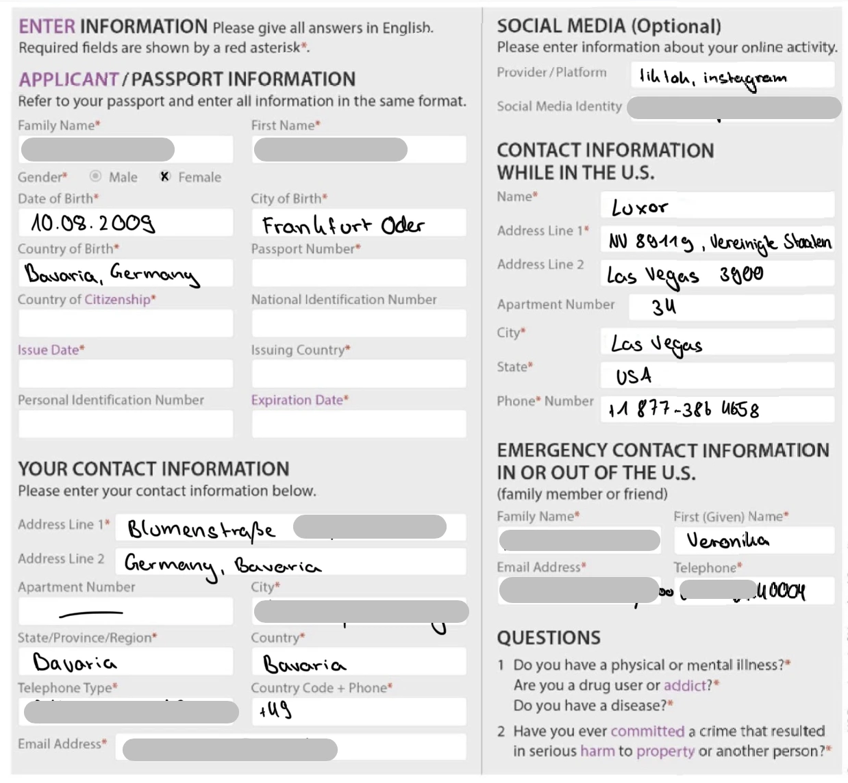 Ein Formular auf Englisch, das für die Bewerbung für ein Visum in den USA ausgefüllt wird.