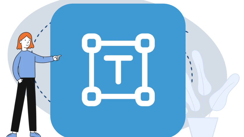 Eine Zeichentrickfrau deutet auf das Logo der Aktivität Text- und Medienfeld - ein großgeschriebenes T in einem weißumrandeten Feld