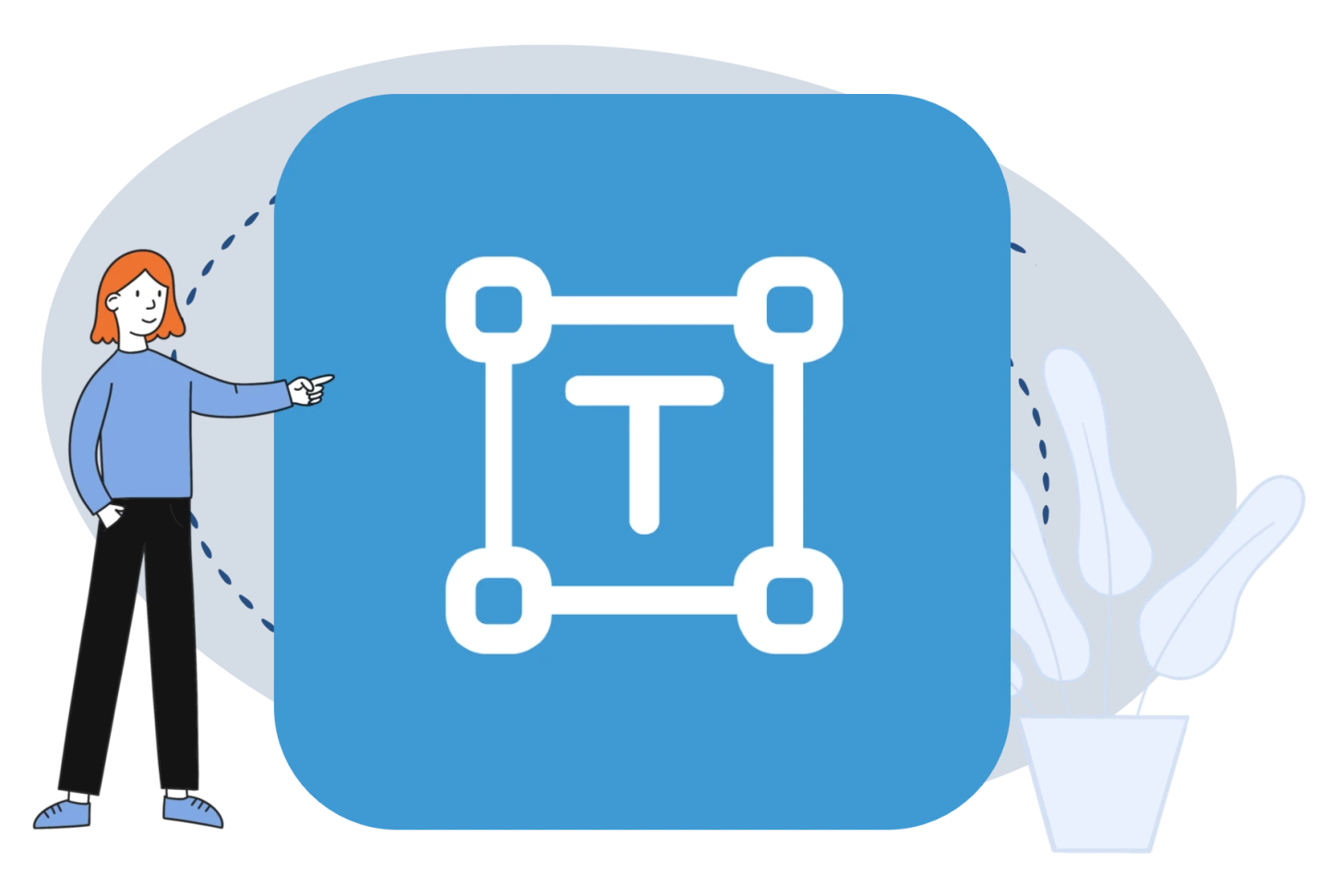 Eine Zeichentrickfrau deutet auf das Logo der Aktivität Text- und Medienfeld - ein großgeschriebenes T in einem weißumrandeten Feld