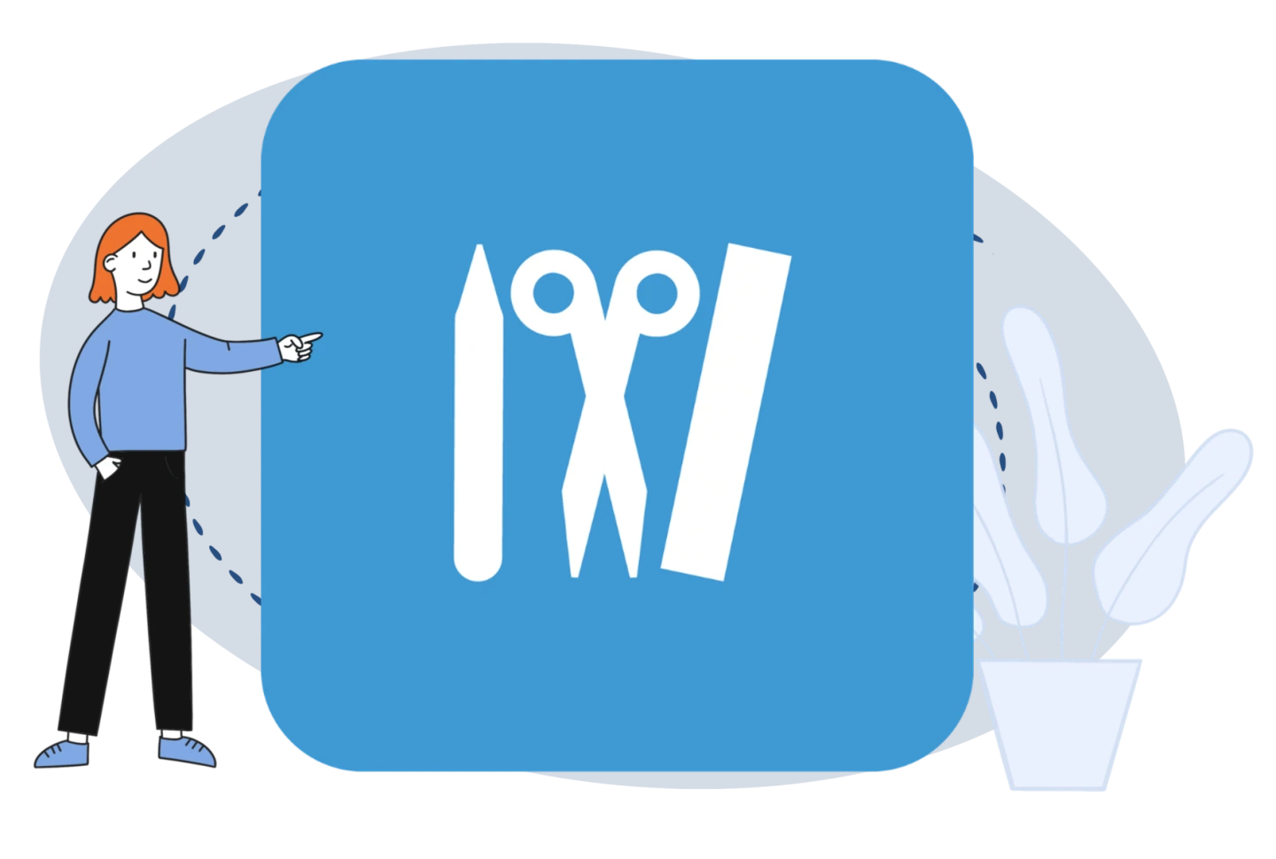 Eine Zeichentrickfrau zeigt auf ein weißes Logo vor blauem Hintergrund, darauf stilisiert ein Stift, eine Schere und ein Lineal.