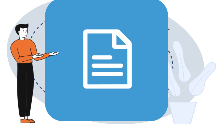 Ein Zeichentrickmann präsentiert das Symbolbild für Textseite (eine beschriebene weiße Seite, bei der das obere rechte Eck umgeknickt ist).