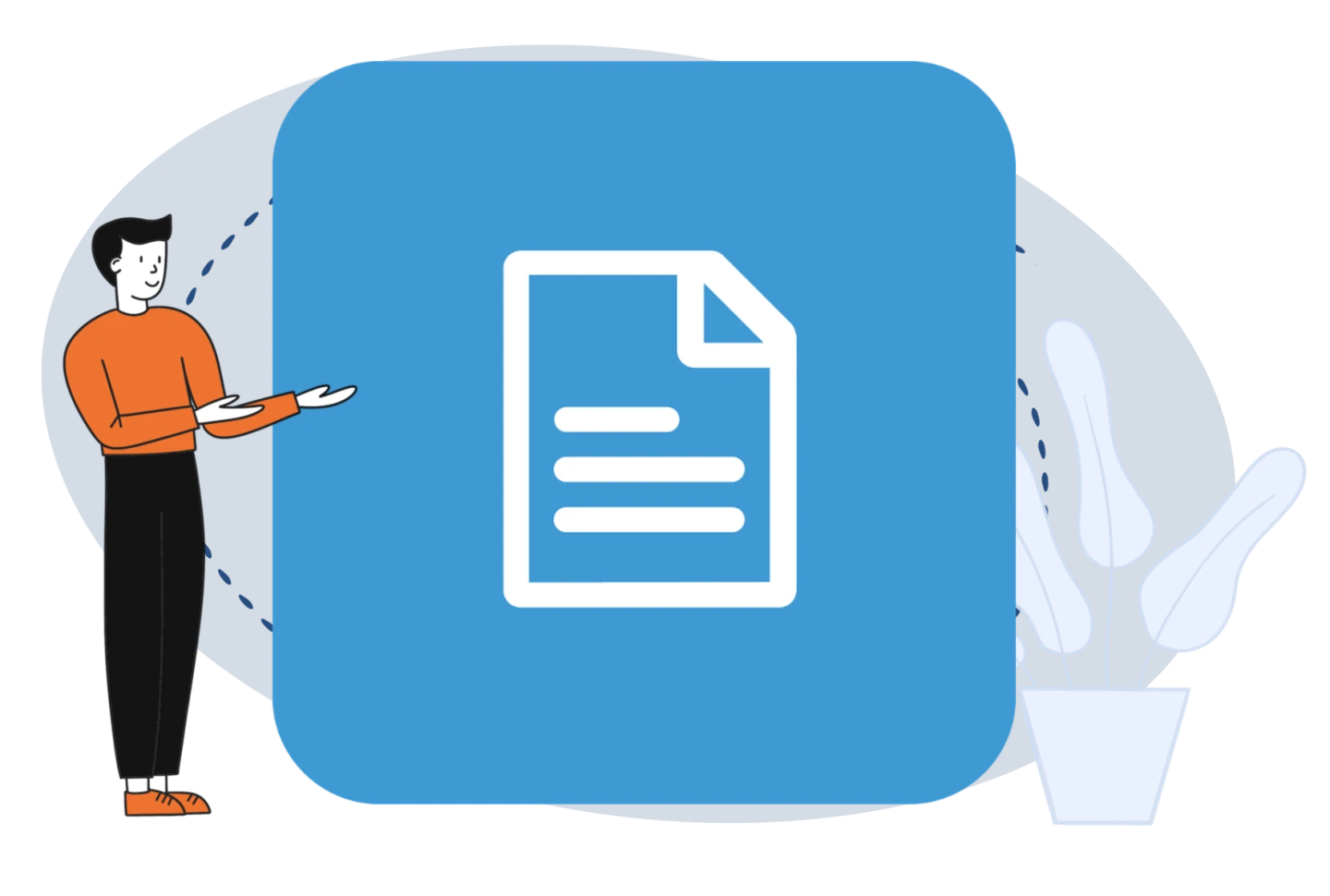 Ein Zeichentrickmann präsentiert das Symbolbild für Textseite (eine beschriebene weiße Seite, bei der das obere rechte Eck umgeknickt ist).