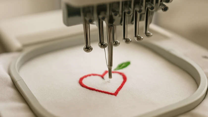 Stickmaschine, die gerade ein Stickbild erstellt