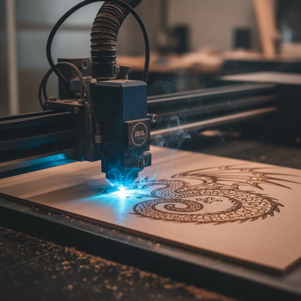 Lasercutter, der gerade ein Objekt lasert