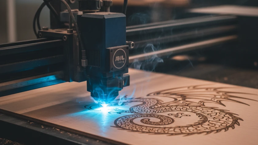 Lasercutter, der gerade ein Objekt lasert