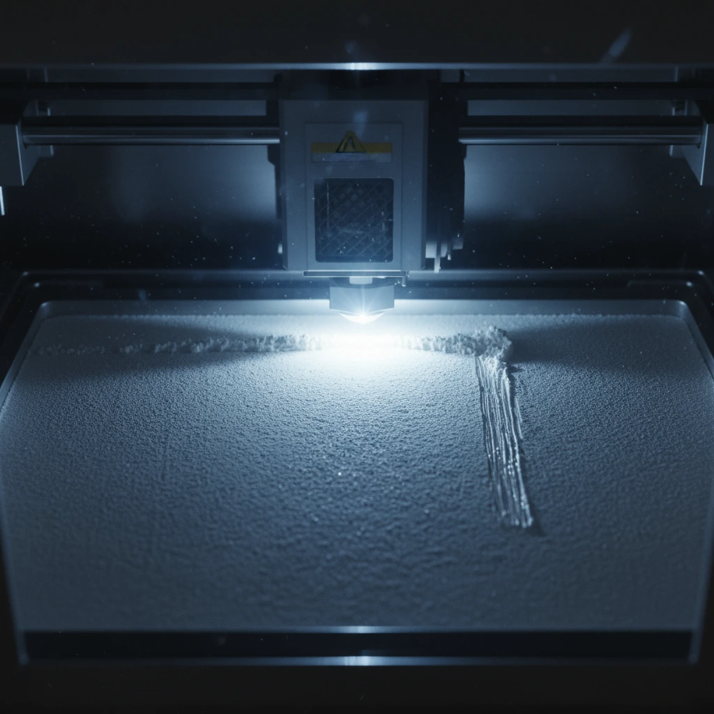 Erkennbar ist die Funktionsweise eines SLS Druckers, der mit einem Laser ein 3d Objekt erzeugt
