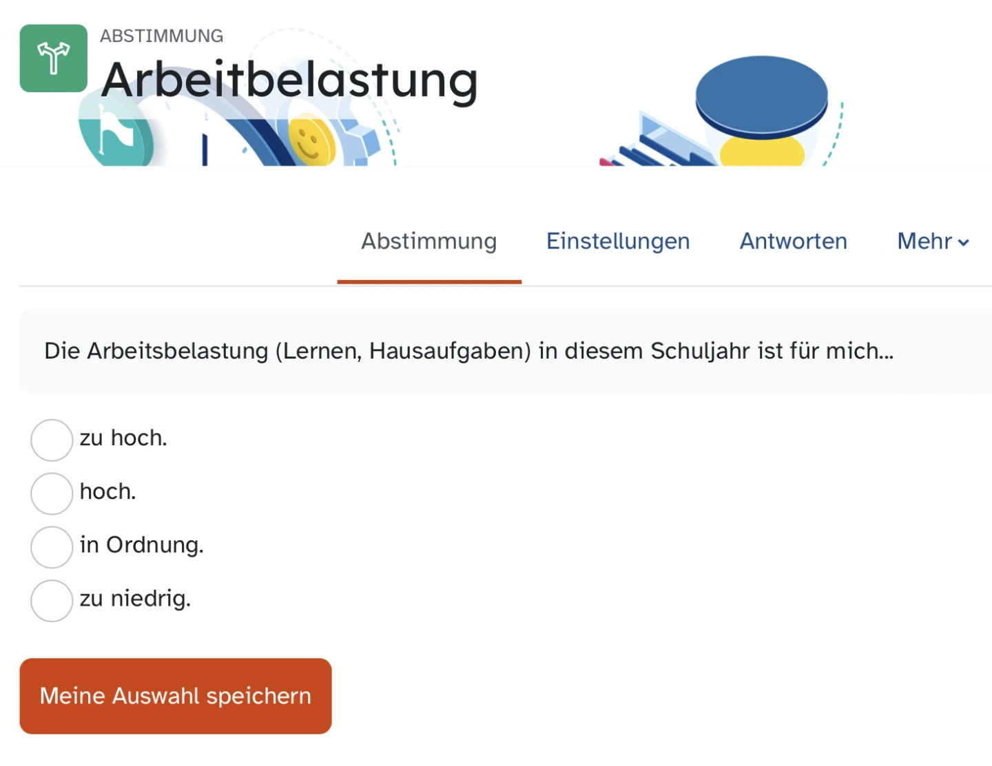 Die Grafik zeigt einen Screenshot einer Abstimmung, in welcher die Schülerinnen und Schüler nach deren Arbeitsbelastung gefragt wurden.