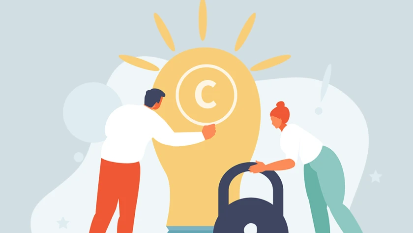 Menschen vor einem Copyright-Symbol und einem Vorhängeschloss