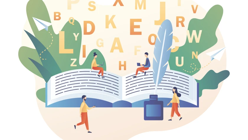 Mehrere Personen arbeiten in einem Buch. Im Vordergund steht ein Tintenfaß mit Federkiel