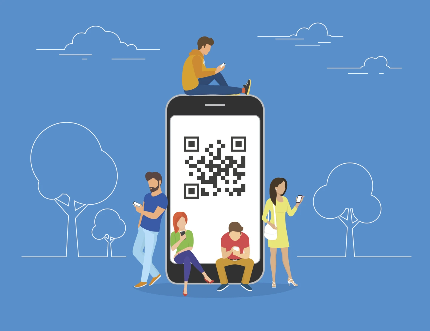 QR code concept illustration of young people scanning barcode using mobile smartphone for online shopping and payment. Flat young men and women standing near big smartphone with qr symbol on screen
