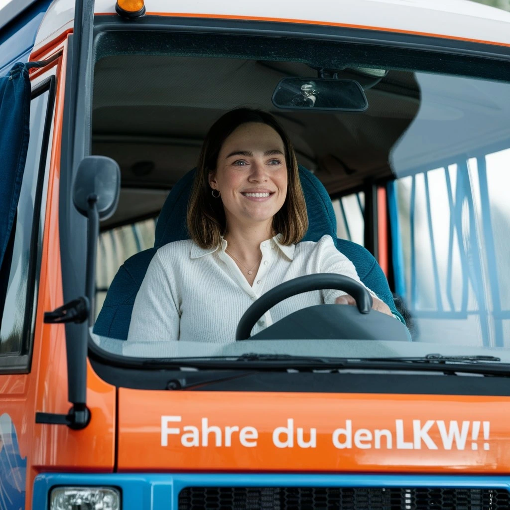Ein Bild für eine Stellenanzeige als LKW-Fahrerin: Eine Frau fährt LKW und wirkt glücklich.
