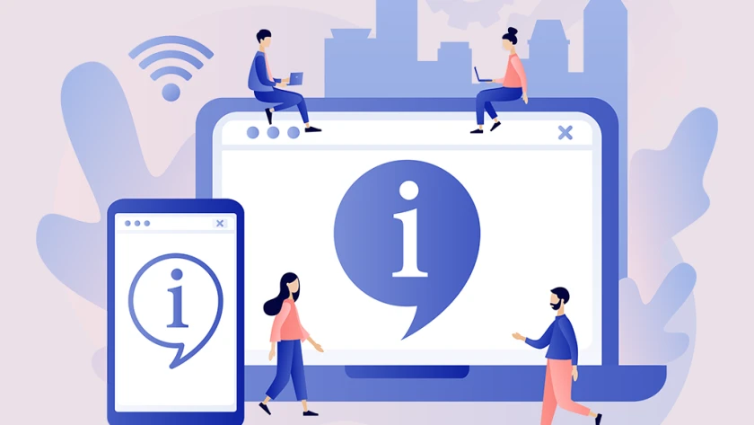 Menschen und verschiedene digitale Gräte mit einem Info-Symbol