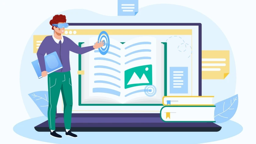 Junge arbeitet mit VR-Brille an virtuellem Buch
