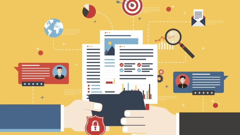 Transfer of confidential documents between businessmen, with reports and analysis of data. Concept of private data sharing and secret business investments. Flat vector illustration.