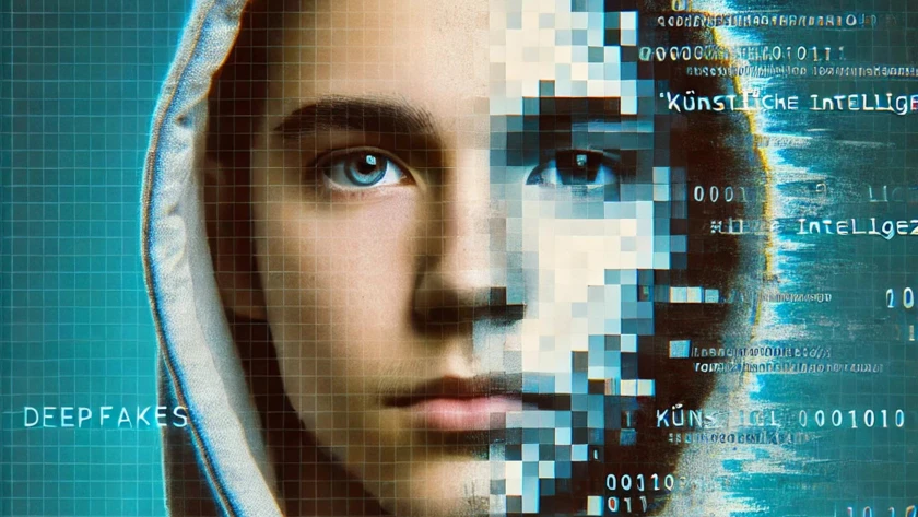 Geteiltes Gesicht eines Schülers, links realistisch, rechts verpixelt und von Binärcode überlagert – veranschaulicht die Gefahren KI-basierter Manipulation.