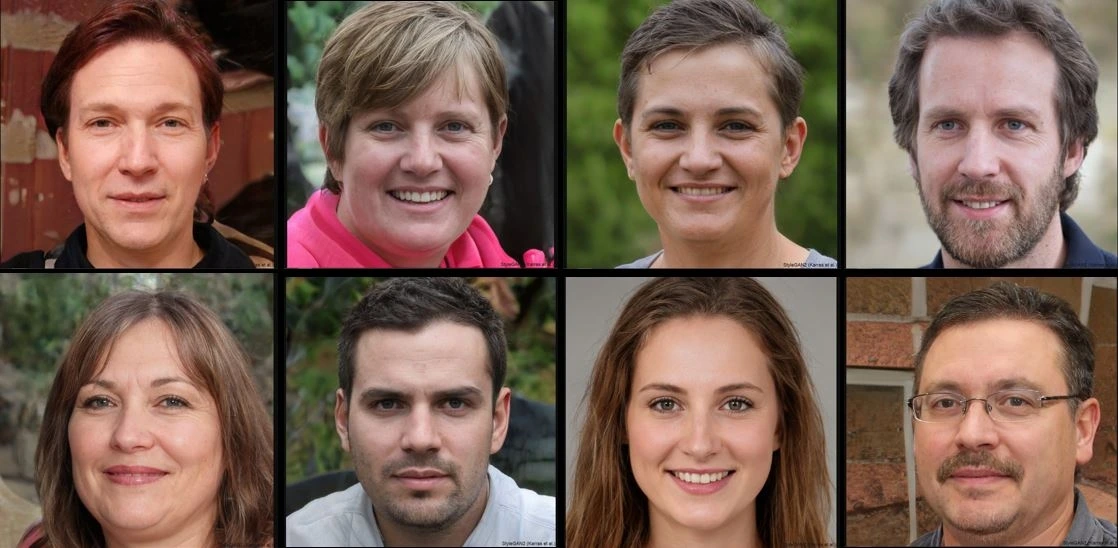 Zwei Reihen mit je vier fotorealistischen Porträtfotos erwachsener Personen – Frauen und Männer mit unterschiedlichen Haarfarben, Frisuren und Gesichtszügen – vor unscharfen Hintergründen; alle Gesichter wirken natürlich, sind jedoch vollständig künstlich mit einem KI-Gesichtsgenerator (ThisPersonDoesNotExist.com) erstellt und zeigen Menschen, die es in der Realität nicht gibt.