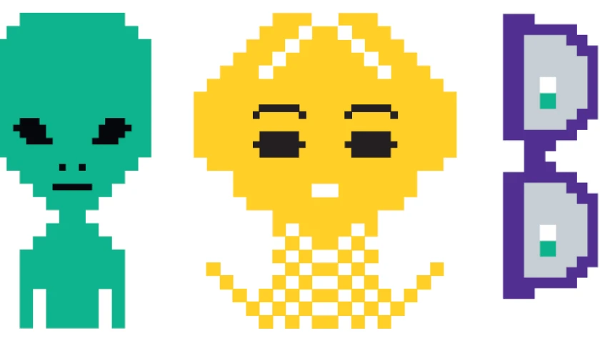 Illustration zweiter verpixelter Monster und einer Brille