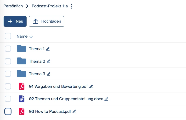 Screenshot aus ByCS-Drive, der Inhalte des Projekt-Ordners zeigt. Neben grundlegenden Informationen sind Unterordner zu finden, die gruppenspezifisches Material enthalten und in welchen die Gruppenmitglieder insbesondere individuell und kollaborativ arbeiten können.