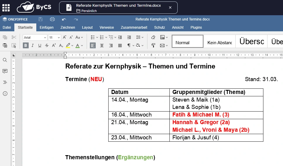 Screenshot aus ByCS-Office, der die Anpassung der Referatstermine in einem über einen Link geteilten Dokument zeigt.
