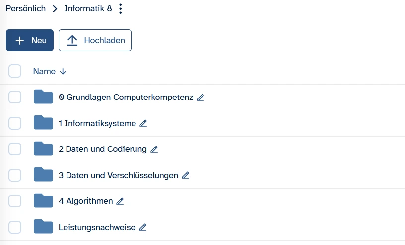 Screenshot aus ByCS-Drive, der die Ordnerstruktur von Unterrichtsmaterial nach Schulbuchkapiteln zeigt. Darin enthalten sind die im Unterricht verwendeten Arbeitsblätter und andere Dateien.