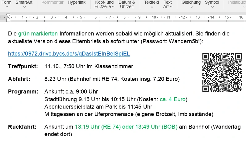 Screenshot aus ByCS-Office, der einen Ausschnitt aus einem Elternbrief für einen Wandertag zeigt, in welchem Informationen nachträglich aktualisiert werden.