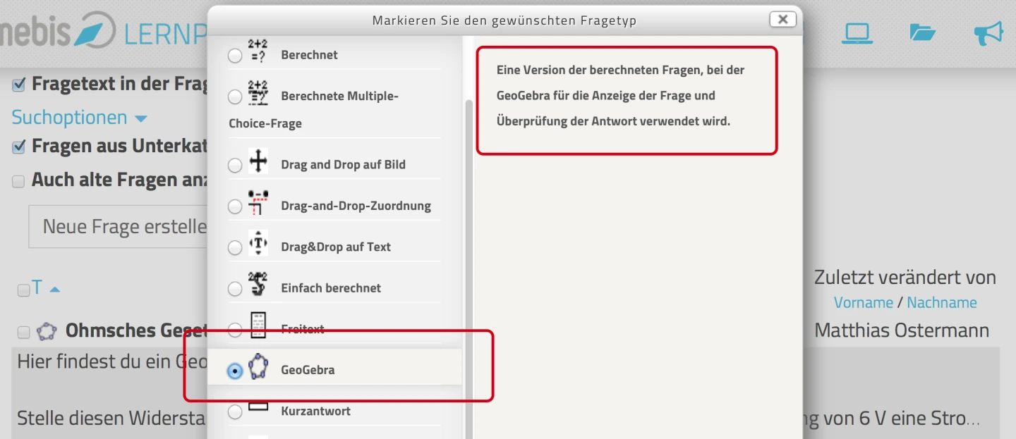 Screenshot Markieren Sie den gewünschten Fragetyp, GeoGebra ist rot umrandet