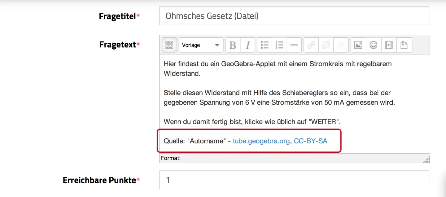 Screenshot Fragetext, Grundeinstellungen und Urheberrecht, Quelle rot umrandet