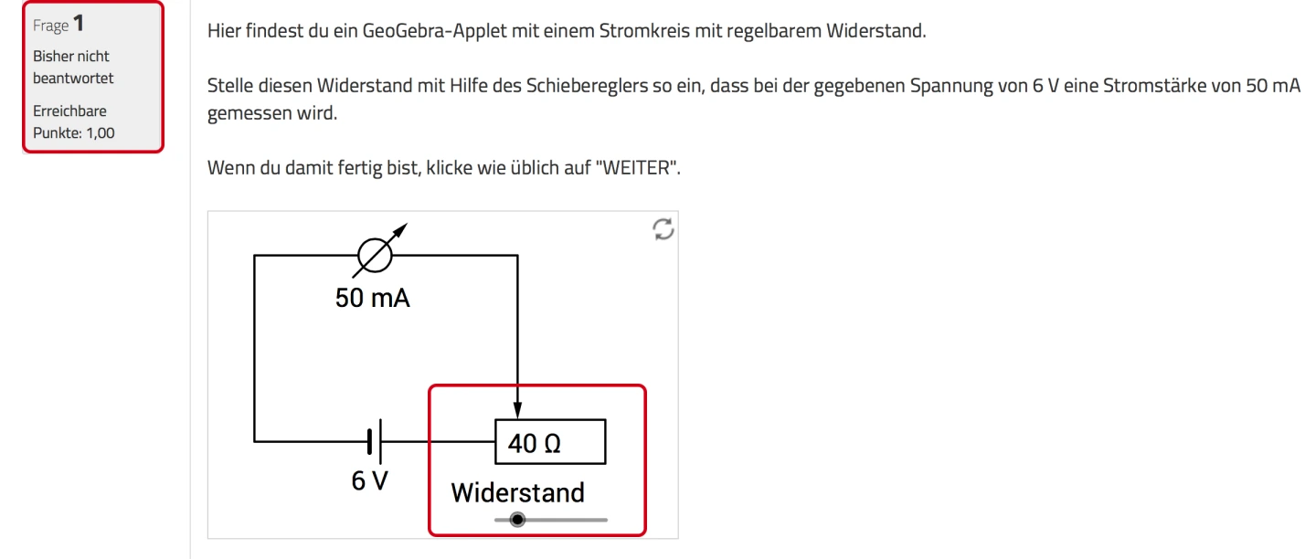 Screenshot einer Aufgabenstellung bzgl. eines Stromkreises mit regelbarem Widerstand