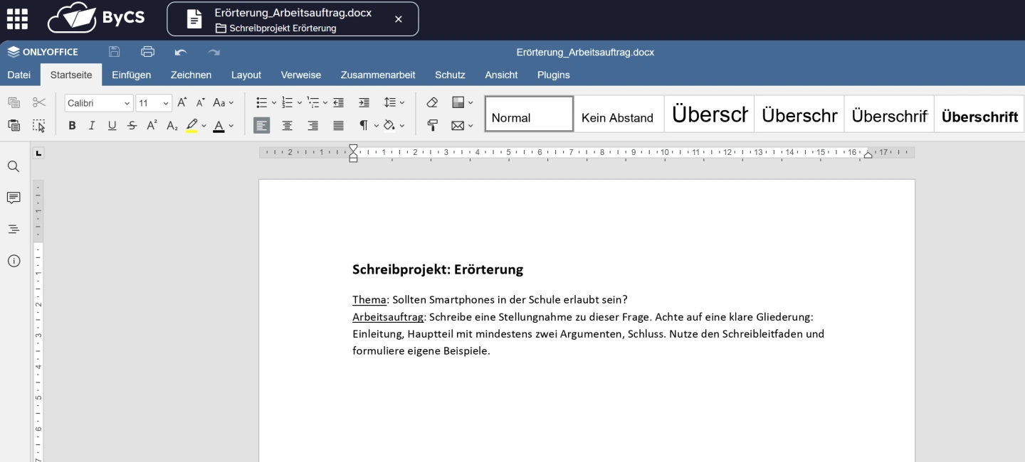 Screenshot aus ByCS-Drive, der die Aufgabenstellung in Office zeigt.