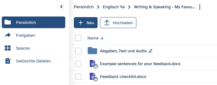 Screenshot aus ByCS-Drive, der den Unterordner für das Unterrichtsvorhaben „My Favourite Place“ zeigt.