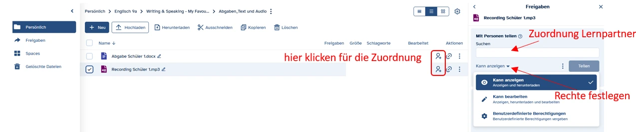 Screenshot aus ByCS-Drive, der die Möglichkeit der Zuordnung von Schülern zeigt.