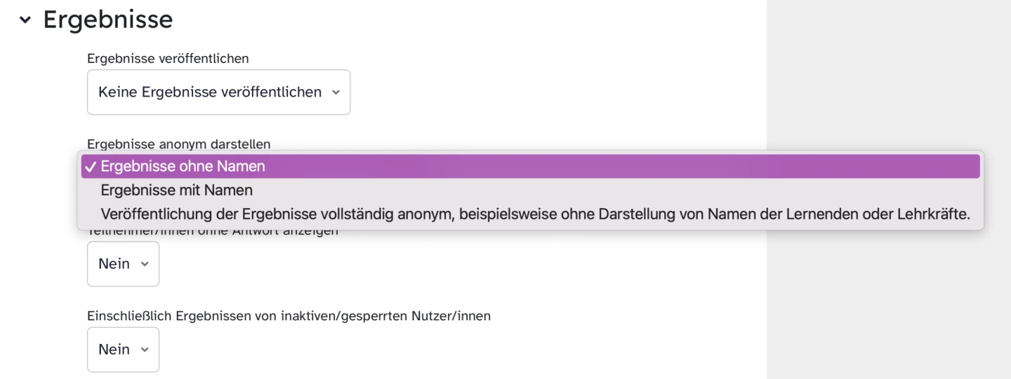 Die Grafik zeigt einen Screenshot aus den Einstellungen. Inhalt: Einstellungsmöglichkeiten ob Namen nach Abstimmung veröffentlicht werden