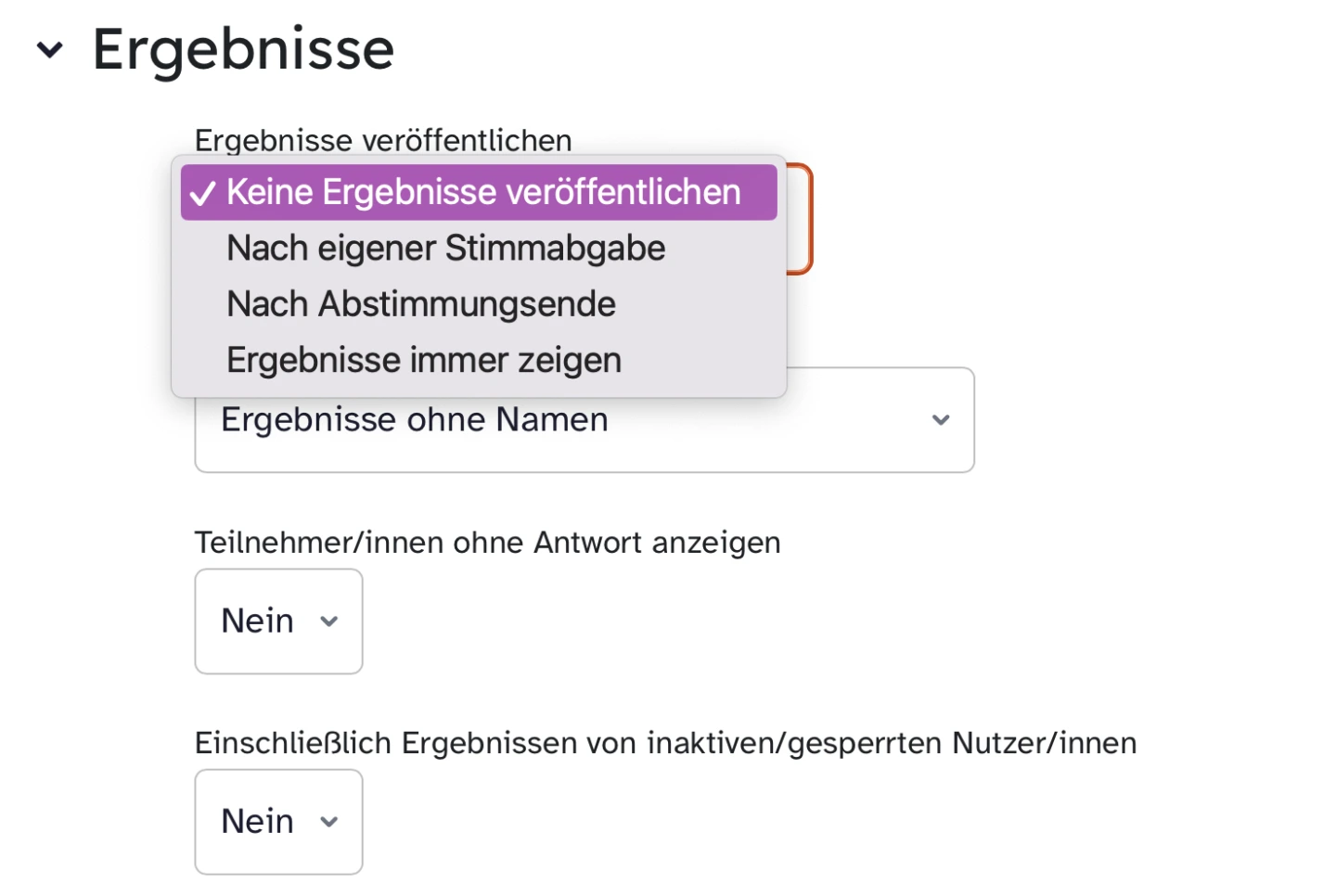 Die Grafik zeigt einen Screenshot aus den Einstellungen der Aktivität. Inhalt: Sollen die Ergebnisse der Abstimmung veröffentlicht werden