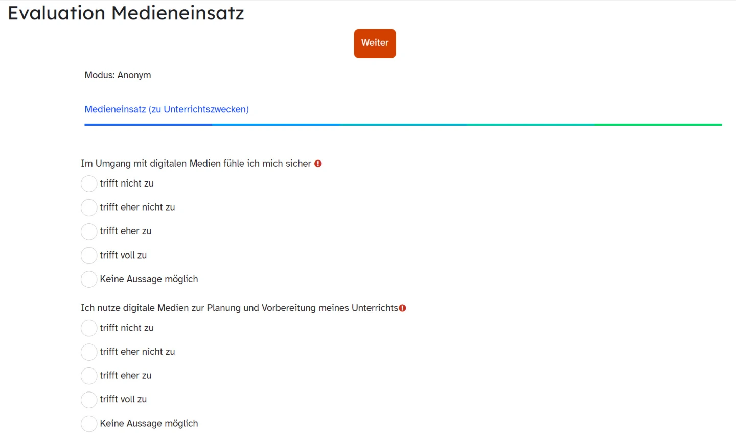 Zu sehen ist ein Screenshot, der einen Feedback-Bogen zum Theme Medieneinsatz zeigt.