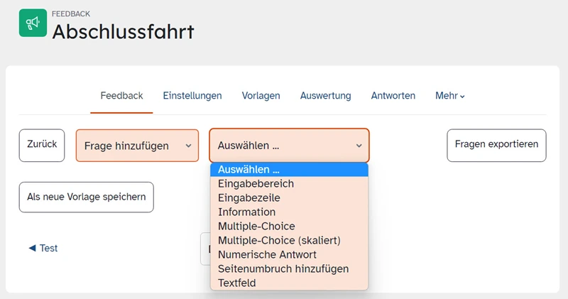 Zu sehen ist ein Screenshot, der die Fragentypen der Aktivität Feedback zeigt.