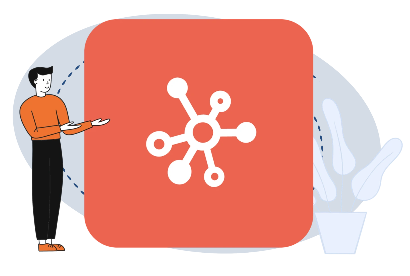Ein Zeichentrickmann deutet auf das Logo der Aktivität "Wiki" - ein weißer Kreis, der über Striche mit anderen, kleineren Kreisen verbunden ist.