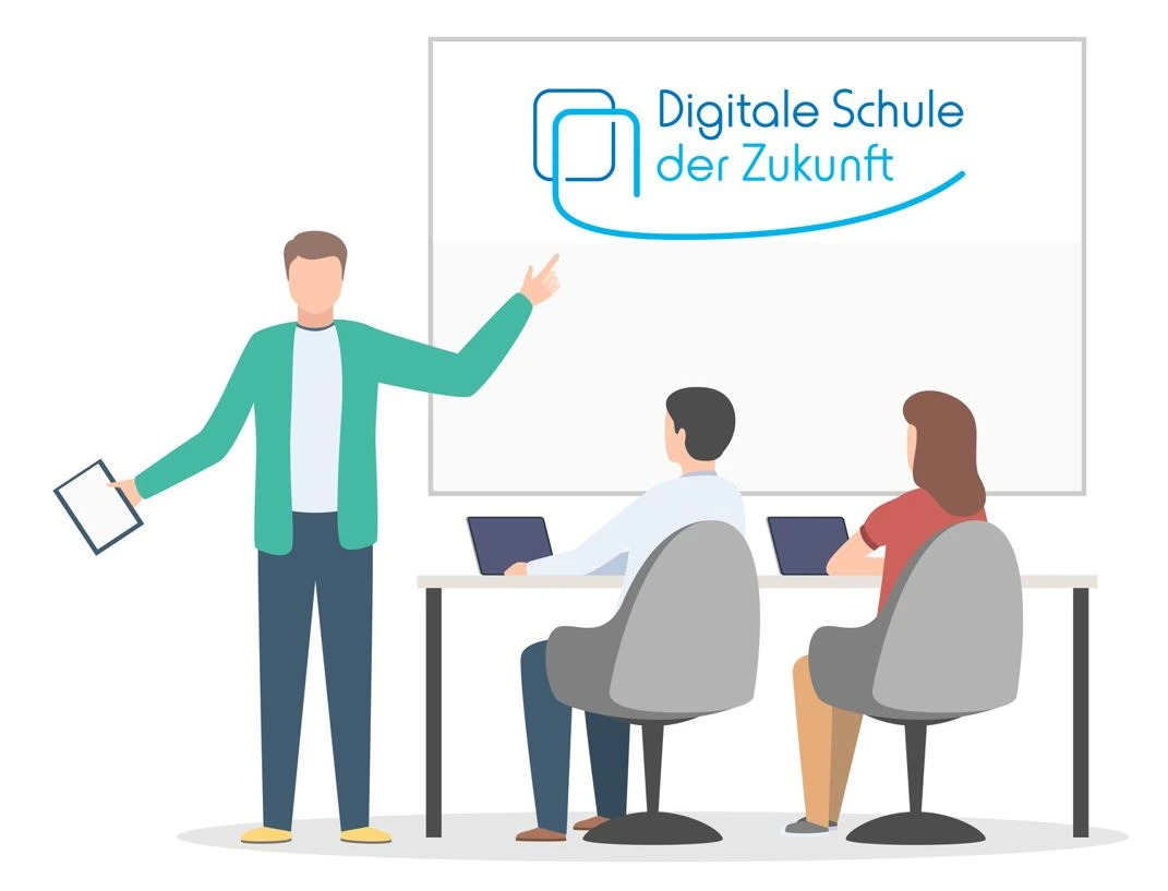 Mann mit Tablet in der Hand zeigt auf ein Whiteboard (mit dem DSDZ-Logo). Vor ihm sitzen zwei Personen mit Tablets vor ihnen auf dem Tisch