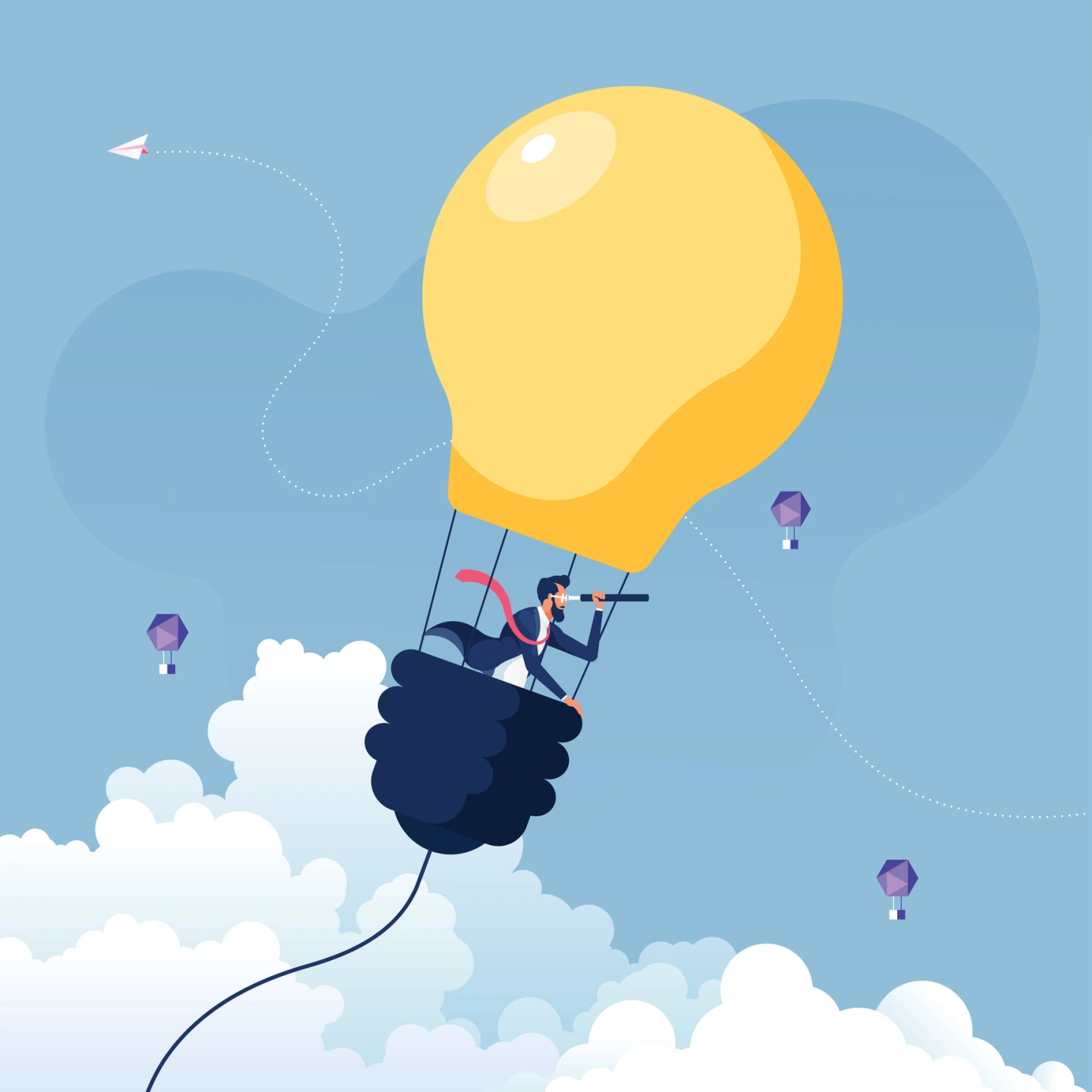 Mann fliegt in einem Ballon in Form einer Glühbirne und schaut mit einem Fernrohr in die Ferne