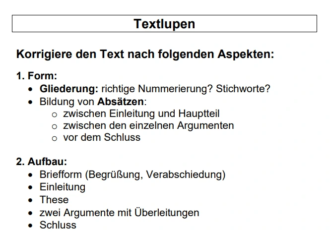 Screenshot mit Korrekturhinweisen zu Form und Aufbau des Aufsatzes