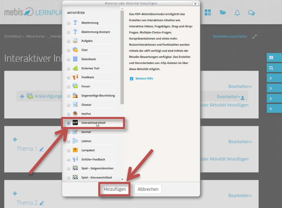 Screenshot Interaktiver Inhalt hinzufügen