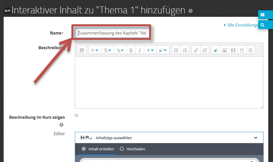 Screenshot Interaktiver Inhalt zu Thema 1 hinzufügen