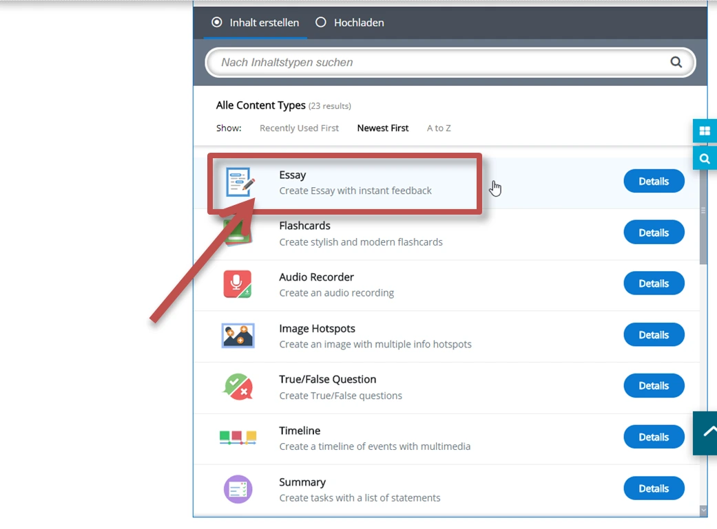 Screenshot alle Content Types