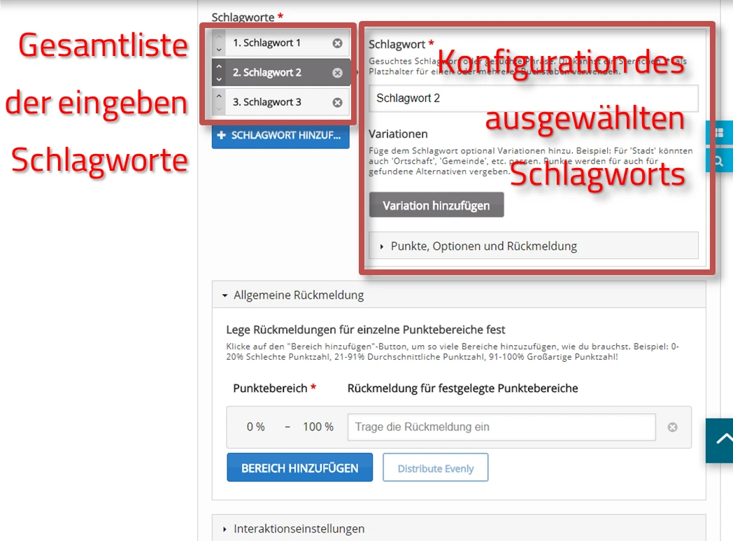 Screenshot Gesamtliste der eingegebenen Schlagworte