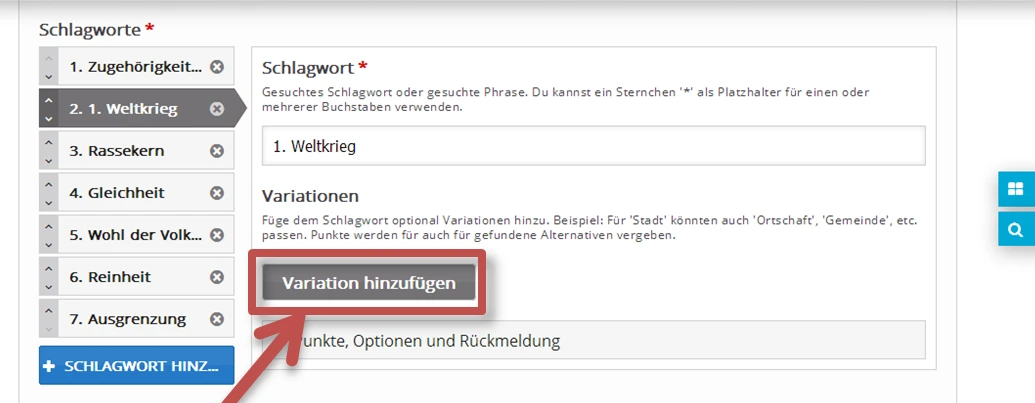 Screenshot Schlagwort Variation hinzufügen