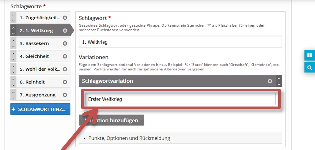 Screenshot Schlagwortvariation