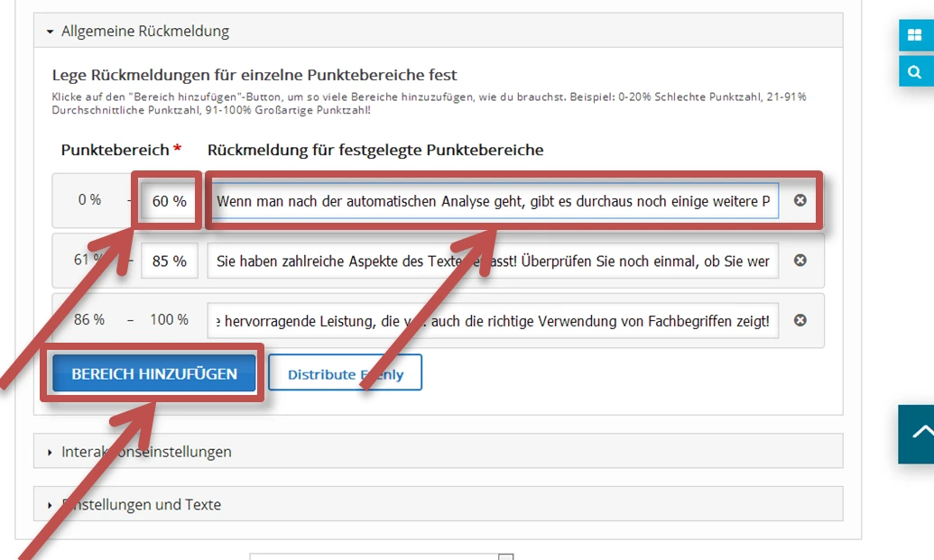 Screenshot Rückmeldung für einzelne Punktebereiche