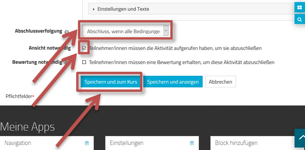 Screenshot Einstellungen und Texte